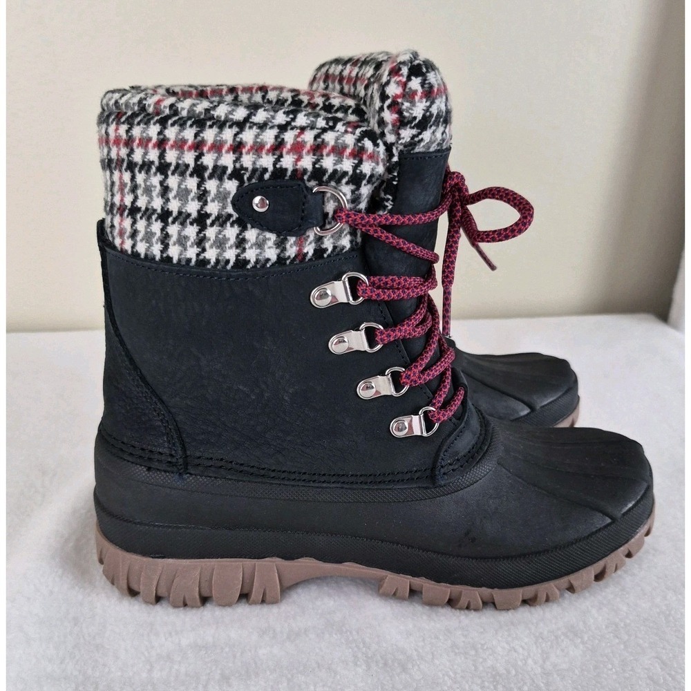 J.Crew Winter Boots Women's 8M Black Houndstooth Plaid Cuff Duck Boots Waterproo - Picture 2 of 7